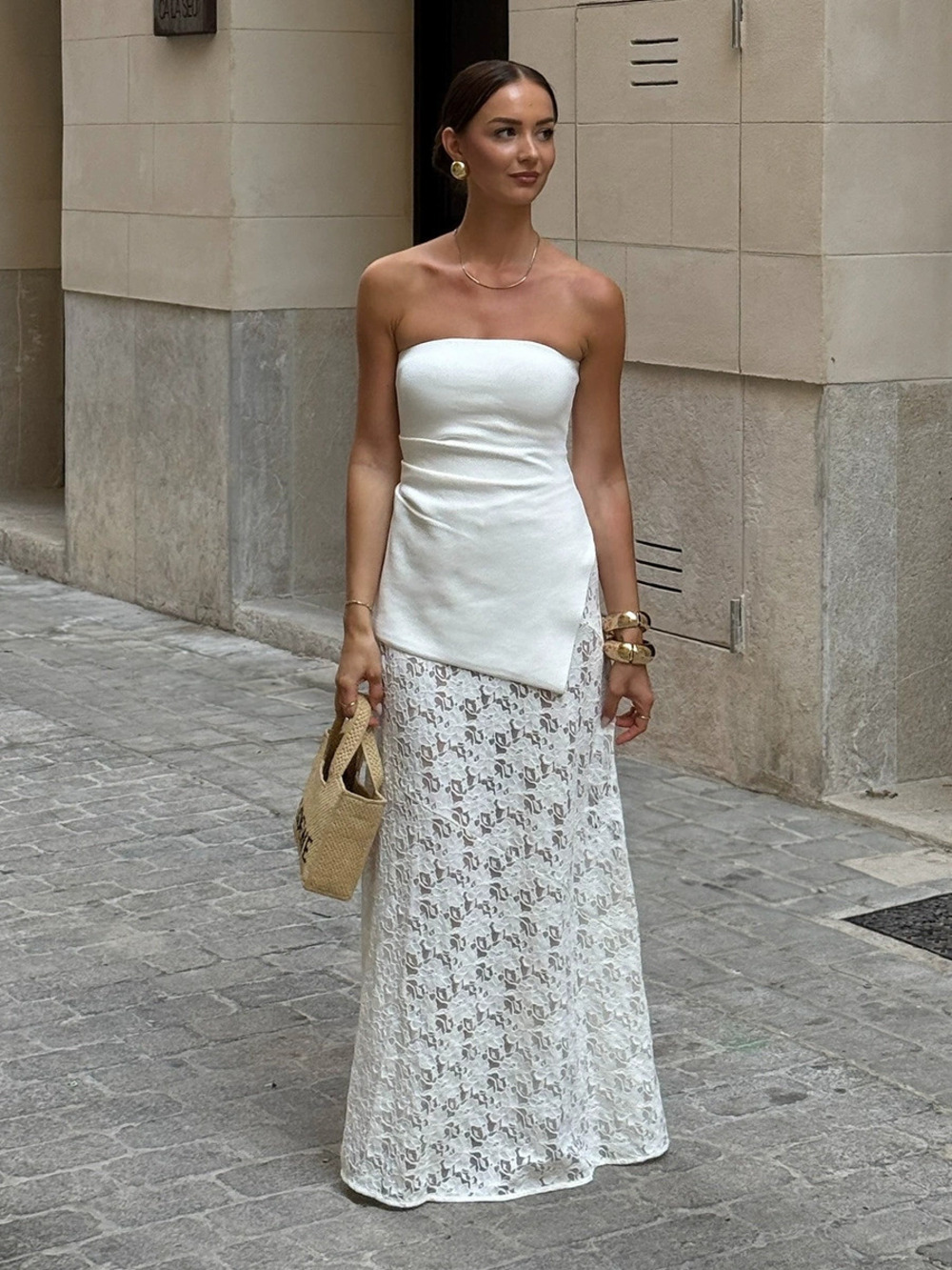 ZARA White Lace Maxi Skirt Women French Cutout Vacation Slimming Versatile